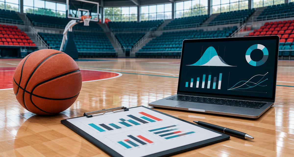 Basketball beside probability charts on an indoor court